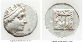 CARIAN ISLANDS. Rhodes. Ca. 88-84 BC. AR drachm (14mm, 2.44 gm, 12h). About XF. Plinthophoric standard, Maes, magistrate. Radiate head of Helios right...