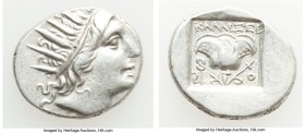 CARIAN ISLANDS. Rhodes. Ca. 88-84 BC. AR drachm (14mm, 2.94 gm, 12h). About XF. Plinthophoric standard, Callixei(nos), magistrate. Radiate head of Hel...