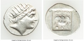CARIAN ISLANDS. Rhodes. Ca. 88-84 BC. AR drachm (16mm, 2.30 gm, 12h). About XF. Plinthophoric standard, Erapora(s), magistrate. Radiate head of Helios...
