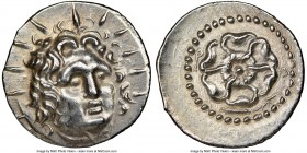 CARIAN ISLANDS. Rhodes. Ca. 84-30 BC. AR drachm (20mm, 5h). NGC Choice AU, brushed. Radiate head of Helios facing, turned slightly right, hair parted ...