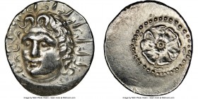 CARIAN ISLANDS. Rhodes. Ca. 84-30 BC. AR drachm (20mm, 1h). NGC AU, brushed. Radiate head of Helios facing, turned slightly left, hair parted in cente...