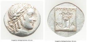 LYCIAN LEAGUE. Cragus. Ca. 48-20 BC. AR hemidrachm (15mm, 1.95 gm, 1h). AU. Series 2. Laureate head of Apollo right / ΛΥΚΙΩΝ / KP-A, cithara (lyre); a...