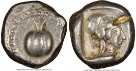 PAMPHYLIA. Side. Ca. 5th century BC. AR stater (19mm, 11h). NGC Choice VF, test cut. Ca. 430-400 BC. Pomegranate; guilloche beaded border / Head of At...
