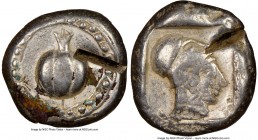 PAMPHYLIA. Side. Ca. 5th century BC. AR stater (19mm, 3h). NGC VF, test cut. Ca. 430-400 BC. Pomegranate; guilloche beaded border / Head of Athena rig...