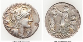 P. Porcius Laeca (ca. 110/9 BC). AR denarius (19mm, 3.86 gm, 7h). VF. Rome. P•LAECA (AE ligate), head of Roma right wearing winged helmet with griffin...