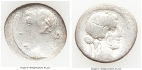 Q. Titius (ca. 90 BC). AR denarius (18mm, 3.28 gm, 12h). VG, brockage, bankers marks. Rome. Head of Liber right, wearing ivy wreath, linear border / R...