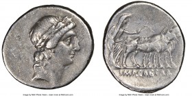 Octavian, as Sole Imperator (43-27 BC). AR denarius (19mm, 3.94 gm, 5h). NGC VF 5/5 - 2/5. Italian mint, ca. 30-29 BC. Laureate head of Apollo right, ...