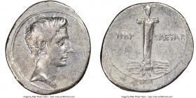 Octavian, as Sole Imperator (31-27 BC). AR denarius (22mm, 3.29 gm, 5h). NGC VF 4/5 - 2/5. Italian mint, ca. autumn 30-summer 29 BC. Bare head of Octa...