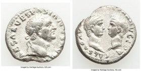 Vespasian (AD 69-79), with Titus and Domitian. AR denarius (17mm, 2.87 gm, 8h). About XF. Rome, January-June AD 70. IMP CAESAR VESPASIANVS AVG, laurea...