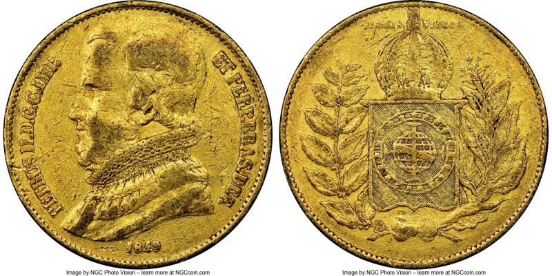 Pedro II gold 20000 Reis 1849 VF30 NGC, Rio de Janeiro mint, KM461. Mintage: 6,4...