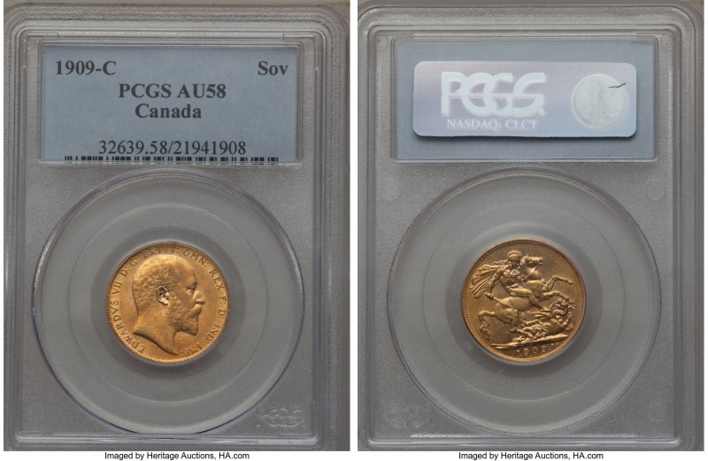 Edward VII gold Sovereign 1909-C AU58 PCGS, Ottawa mint, KM14. Boasting a small ...