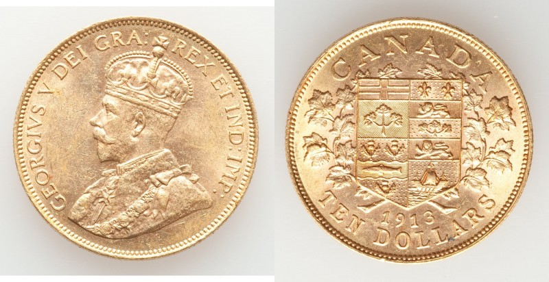 George V 1913 gold 10 Dollars AU, Ottawa mint, KM27. 26.9mm. 16.72gm. AGW 0.4837...