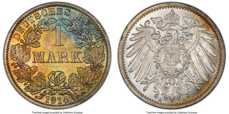 Wilhelm II Mark 1914-A MS68 PCGS, Berlin mint, KM14. Reverse toned in shades of ...