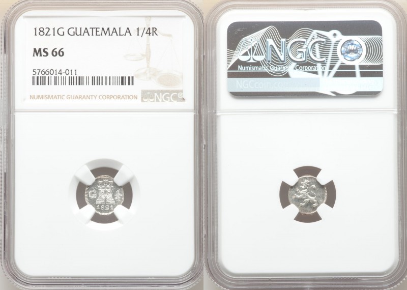 Ferdinand VII 1/4 Real 1821-G MS66 NGC, Nueva Guatemala mint, KM72. Bold strike,...