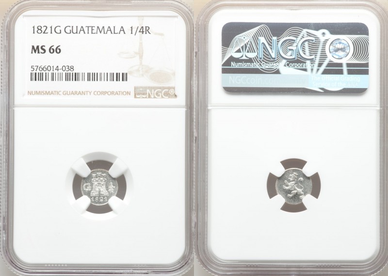 Ferdinand VII 1/4 Real 1821-G MS66 NGC, Nueva Guatemala mint, KM72. Semi-proofli...