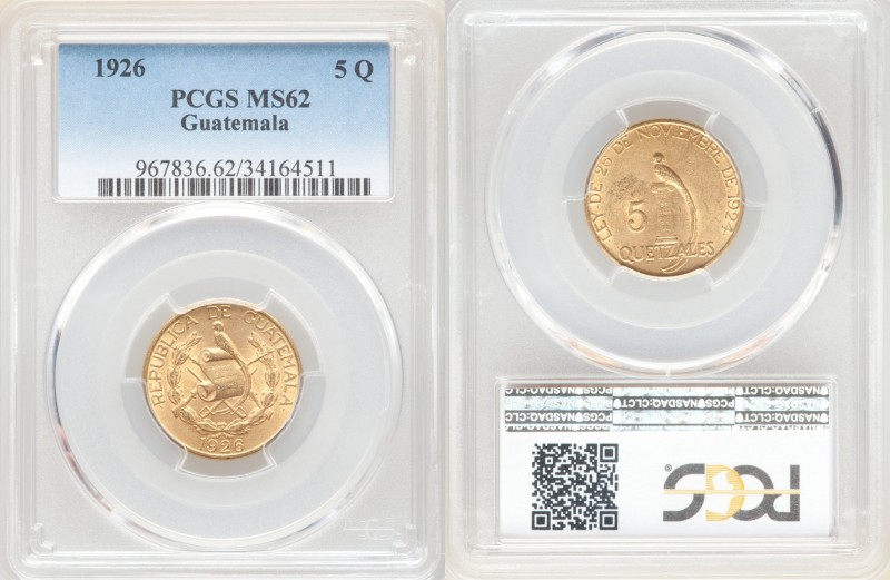 Republic gold 5 Quetzales 1926-(P) MS62 PCGS, Philadelphia mint, KM244. One year...