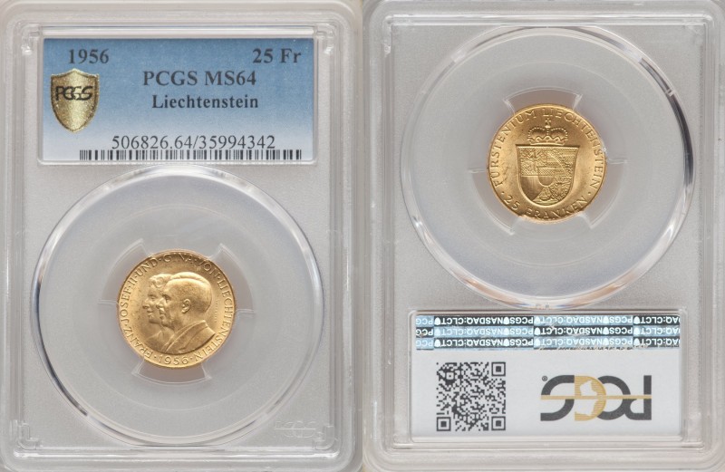 Franz Joseph II gold 25 Franken 1956 MS64 PCGS, KM-Y15. One year type. AGW 0.163...