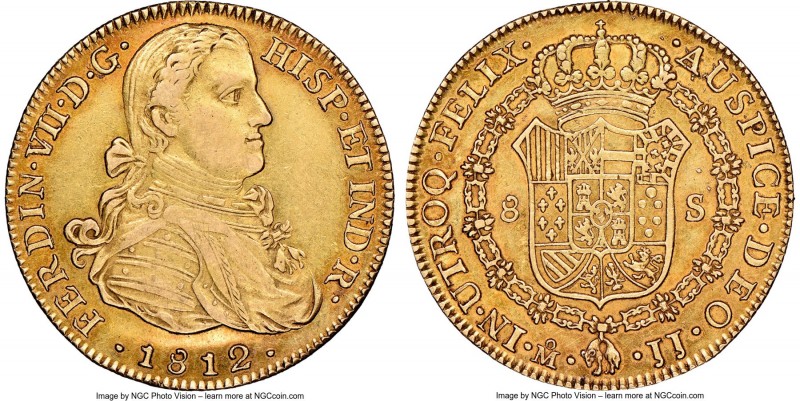 Ferdinand VII gold 8 Escudos 1812 Mo-JJ AU50 NGC, Mexico City mint, KM160. Perip...