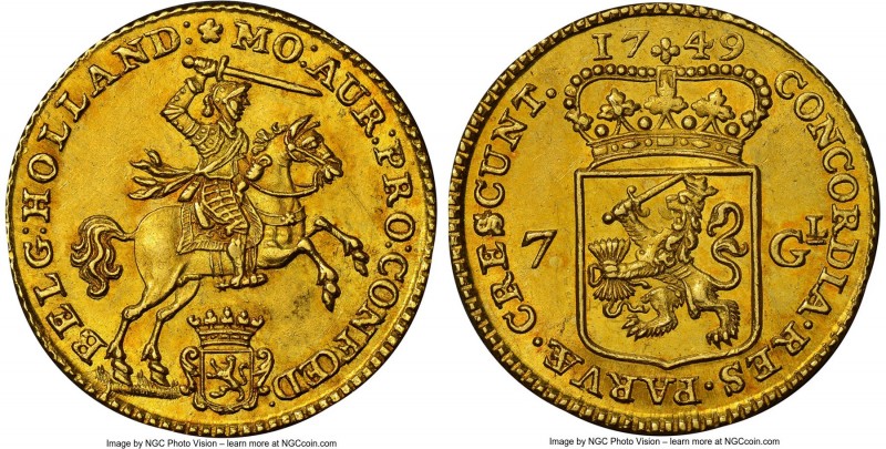 Holland. Provincial gold 7 Gulden 1749 MS62 NGC, KM96. Also known as a 1/2 Golde...