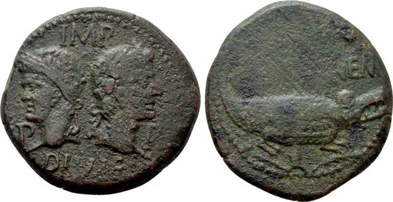 GAUL. Nemausus. Augustus with Agrippa (27 BC-14 AD). As. 

Obv: IMP / P - P / ...