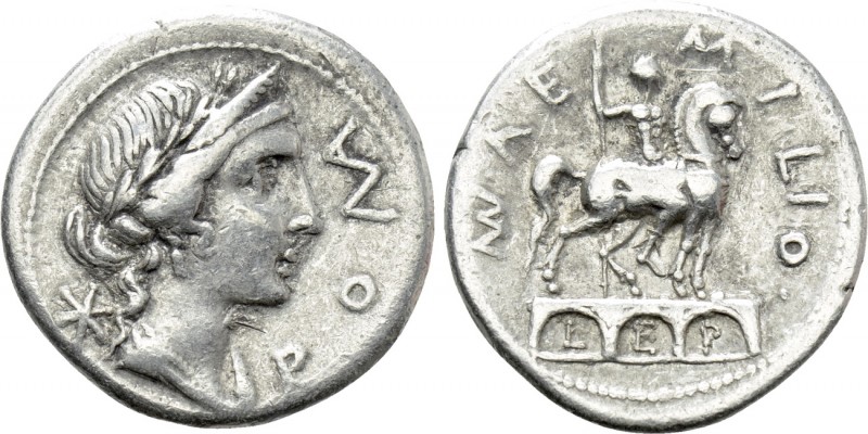MN. AEMILIUS LEPIDUS. Denarius (114-113 BC). Rome. 

Obv: ROMA. 
Laureate, di...