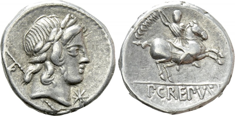 P. CREPUSIUS. Denarius (82 BC). Rome. 

Obv: Laureate head of Apollo right; be...