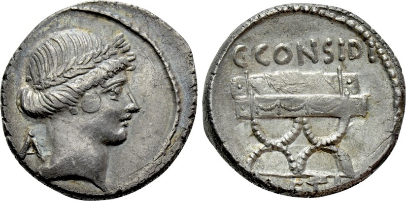 C. CONSIDIUS PAETUS. Denarius (46 BC). Rome. 

Obv: Laureate head of Apollo ri...