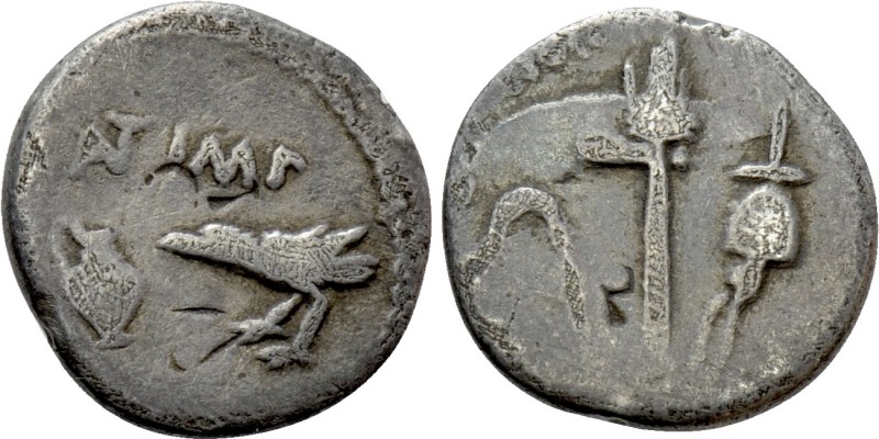 MARK ANTONY and LEPIDUS. Quinarius (43 BC). Military mint travelling with Antony...