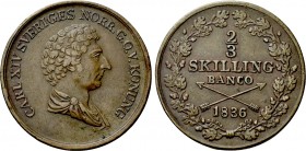 SWEDEN. Charles XIV John (1818-1844). COPPER. 2/3 Skilling (1836).