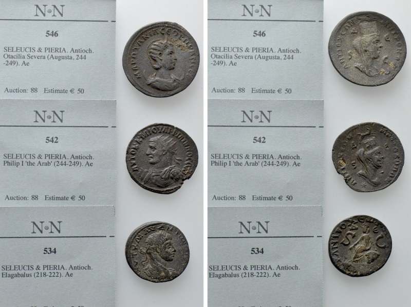 3 Roman Provincial coins of Seleucis & Pieria. 

Obv: .
Rev: .

. 

Condi...
