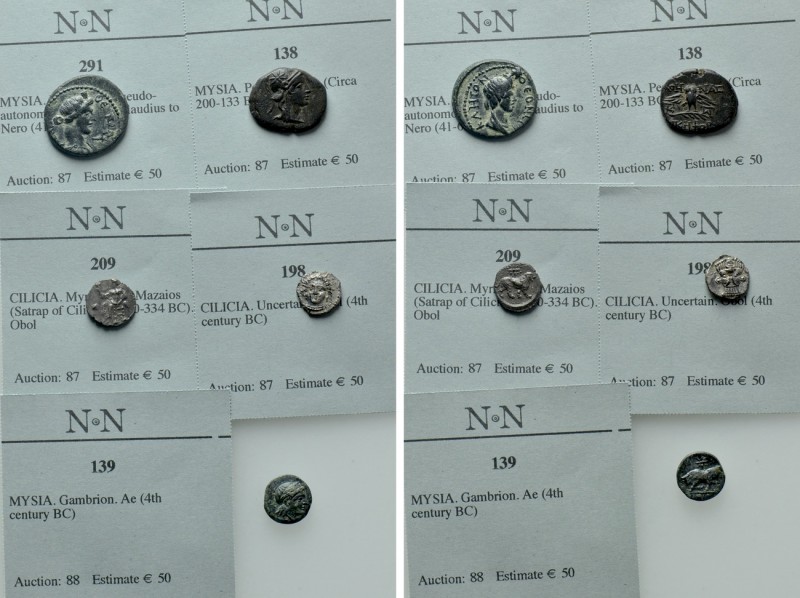 5 Greek Coins; Cilicia and Mysia. 

Obv: .
Rev: .

. 

Condition: See pic...