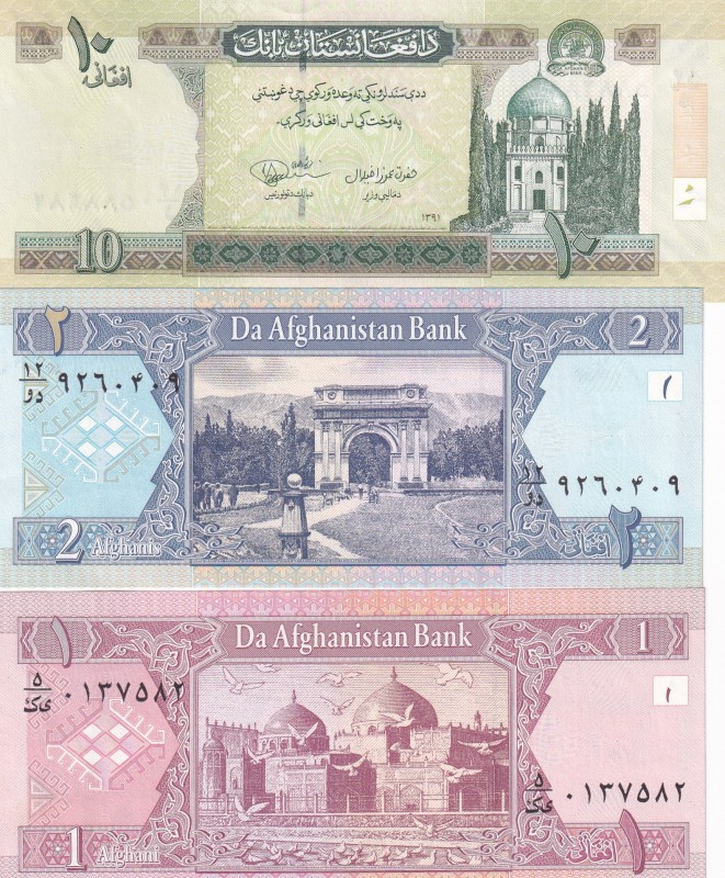 Afghanistan, 1-2-10 Afghanis (Total 3 banknotes)
1 Afghani, 2002, p64, AUNC; 2 ...