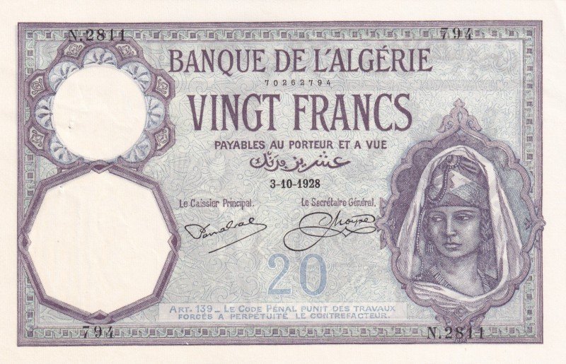 Algeria, 20 Francs, 1928, UNC(-), p78b
It has a punch hole.