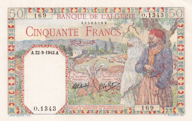 Algeria, 50 Francs, 1942, UNC, p87
There is a count fracture in the upper right...