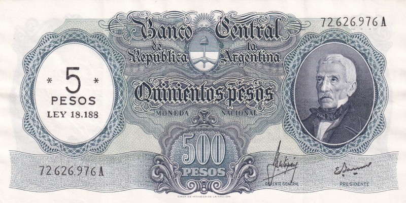 Argentina, 5 Pesos on 500 Pesos, 1969/1971, XF(+), p283