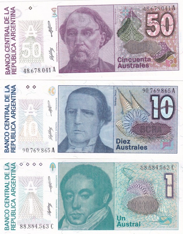 Argentina, 1-10-50 Australes, 1985/1989, UNC, p323; p325; p326, (Total 3 banknot...