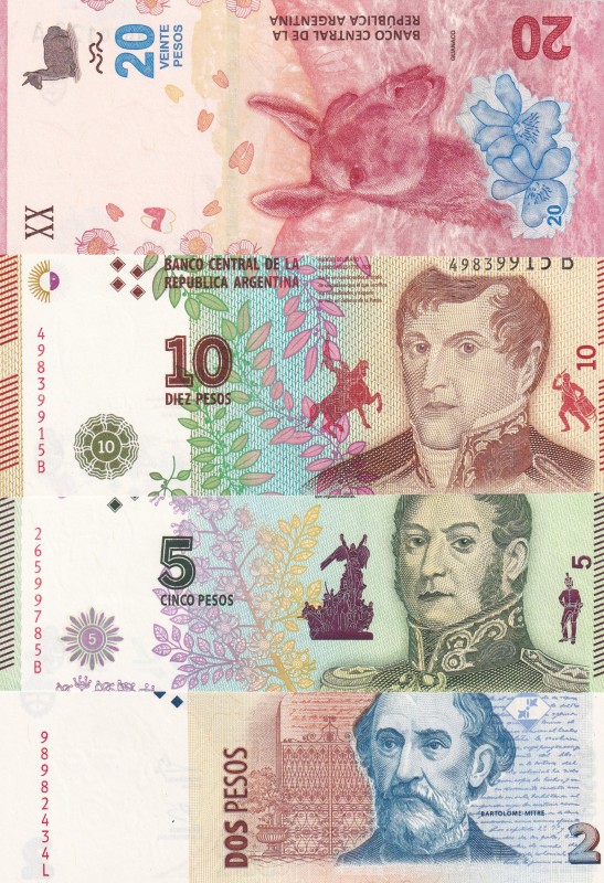 Argentina, 2-5-10-20 Pesos, UNC, (Total 4 banknotes)
2 Pesos, 2002, p352; 5 Pes...