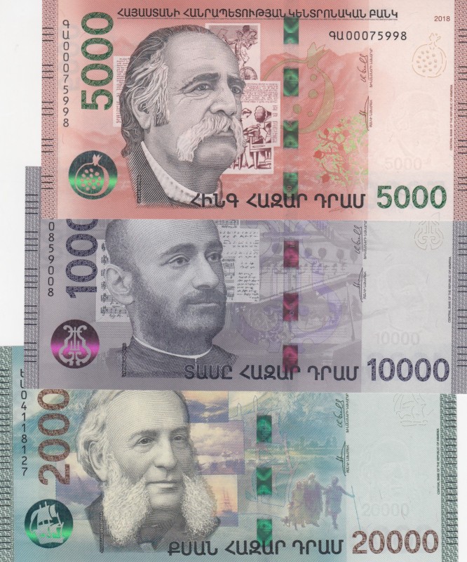 Armenia, 5.000-10.000-20.000 Dram, 2018, UNC, pNew, (Total 3 banknotes)