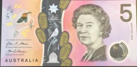Australia, 5 Dollars, 2016, UNC, p62
Queen Elizabeth II portrait, Polymer plastic banknote