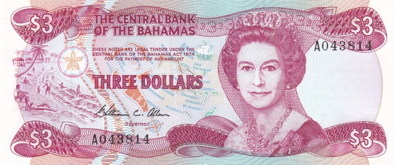 Bahamas, 3 Dollars, 1974, UNC, p44
Queen Elizabeth II. Potrait