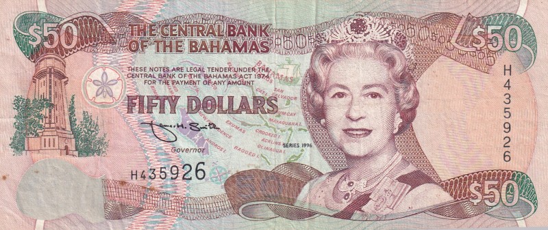 Bahamas, 50 Dollars, 1996, VF(+), p61
Queen Elizabeth II. Potrait