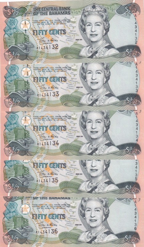 Bahamas, 1/2 Dollar, 2001, UNC, p68, (Total 5 consecutive banknotes)
Queen Eliz...