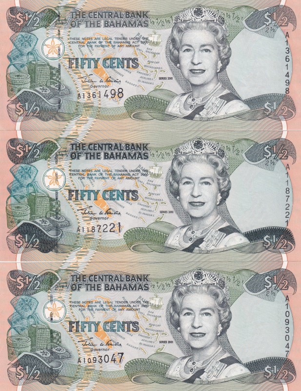 Bahamas, 1/2 Dollar, 2001, UNC, p68, (Total 3 banknotes)
047: AUNC