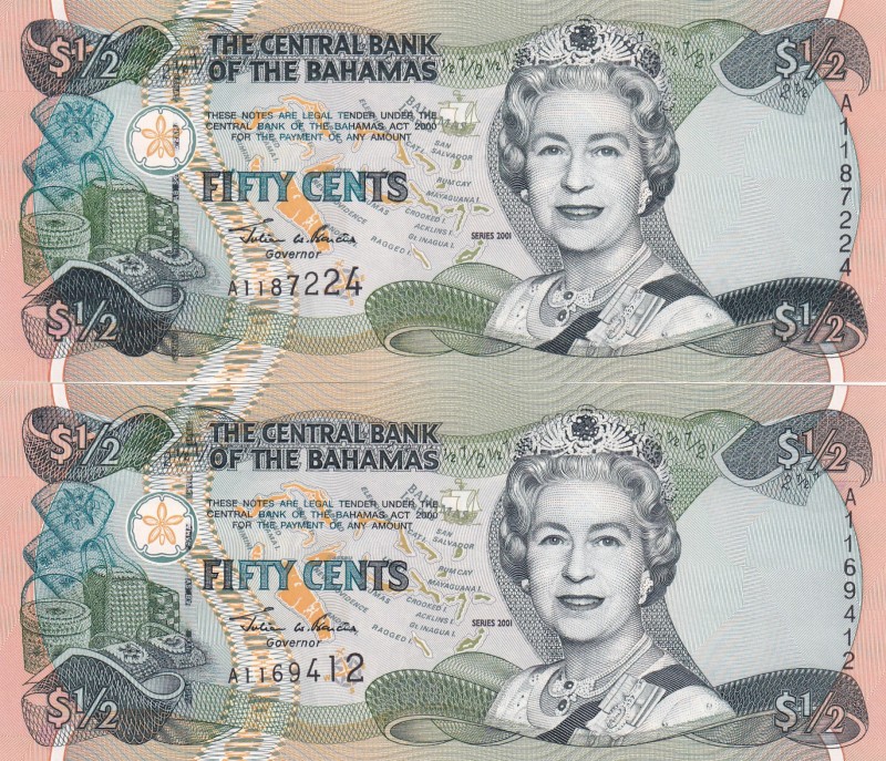 Bahamas, 1/2 Dollar, 2001, UNC, p68, (Total 2 banknotes)
Queen Elizabeth II. Po...