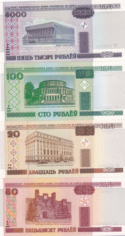 Belarus, 20-50-100-5.000 Ruble, UNC, (Total 4 banknotes)
20 Rublei, 2000, p24; ...