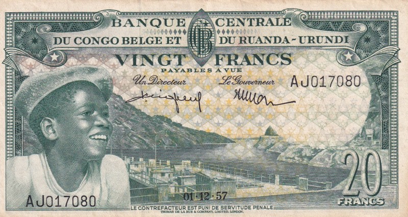 Belgian Congo, 20 Francs, 1957, XF, p31