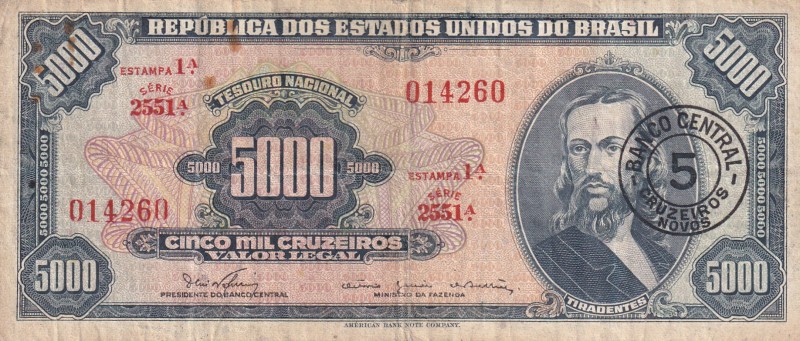 Brazil, 5 Cruzeiros Novos on 5.000 Cruzeiros, 1966/1967, VF, p188b