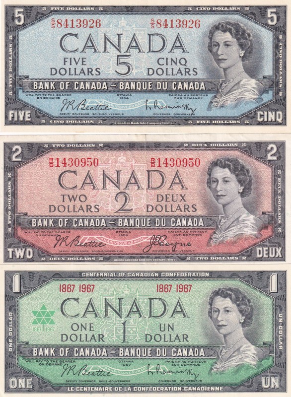 Canada, 1-2-5 Dollars, (Total 3 banknotes)
1 Dollar, 1967, p84a, UNC(-); 2 Doll...