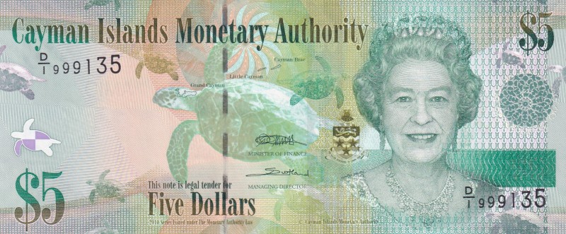 Cayman Islands, 5 Dollars, 2010, UNC, p39a
Queen Elizabeth II. Potrait