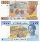 Central African States, 500-1.000 Francs, 2002, UNC, p206U; p207U, (Total 2 banknotes)
'U'' Cameroun